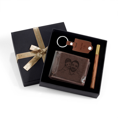 Personalised 3 Texts & 2 Photos Gift Set Custom Wallet & Keychain & Pen Gift Box Set Father’s Day Gift for Him-Jessemade AU