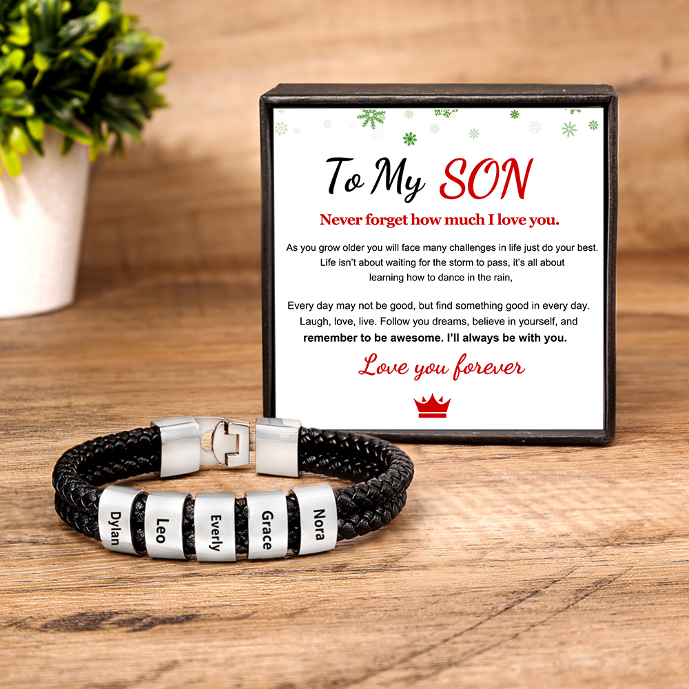 Personalised Braided Leather Bracelet Engraved 5 Names Men's Bracelet for Him-Jessemade AU