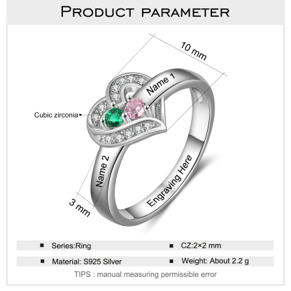 Personalised Heart Ring With 2 Birthstones Engraved Names Ring Gift For Women-Jessemade AU