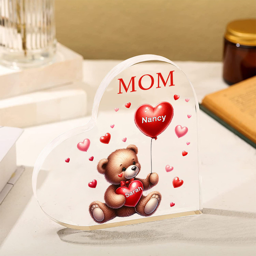 2 Names - Personalised Acrylic Heart Keepsake Custom Text Teddy Bear Balloon Ornaments Gifts for Grandma/Mother-Jessemade AU