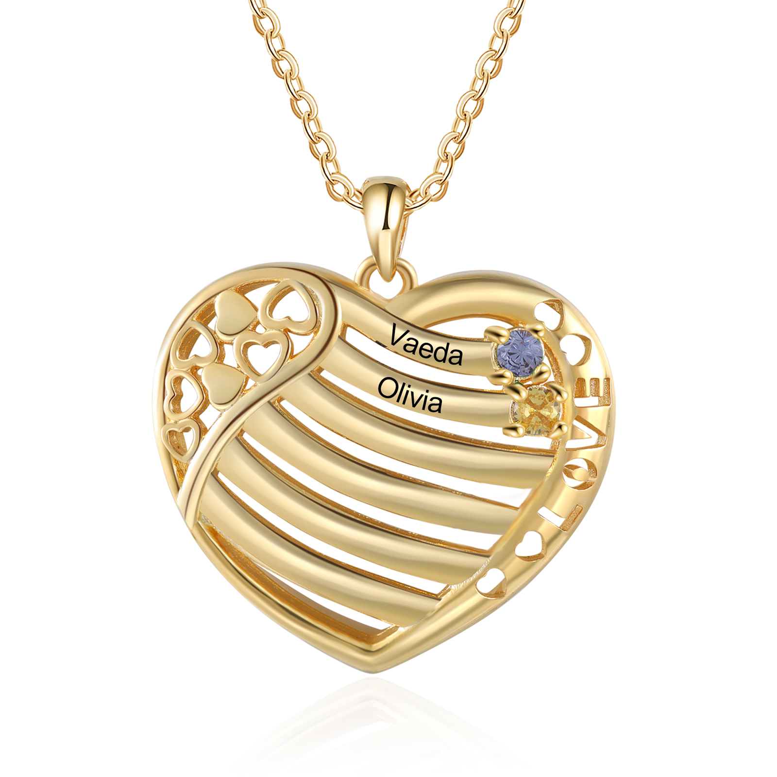 LOVE Heart Necklace Custom 2 Names & Birthstones Family Necklace Gifts For Her-Jessemade AU