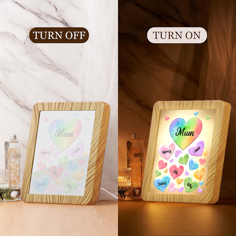 Personalised Night Light Mirror Frame Custom 1 Text & 5 Names Colourful Hearts Family LED Lamp Gift for Grandma/Mother-Jessemade AU