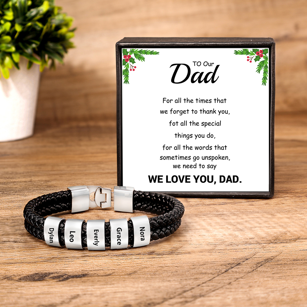 Personalised Braided Leather Bracelet Engraved 5 Names Men's Bracelet for Him