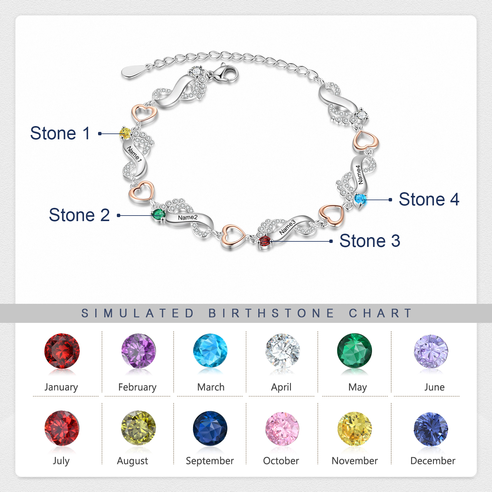 Personalised Baby Feet Bracelet Custom 4 Birthstones Heart Bracelet Gifts For Women-Jessemade AU