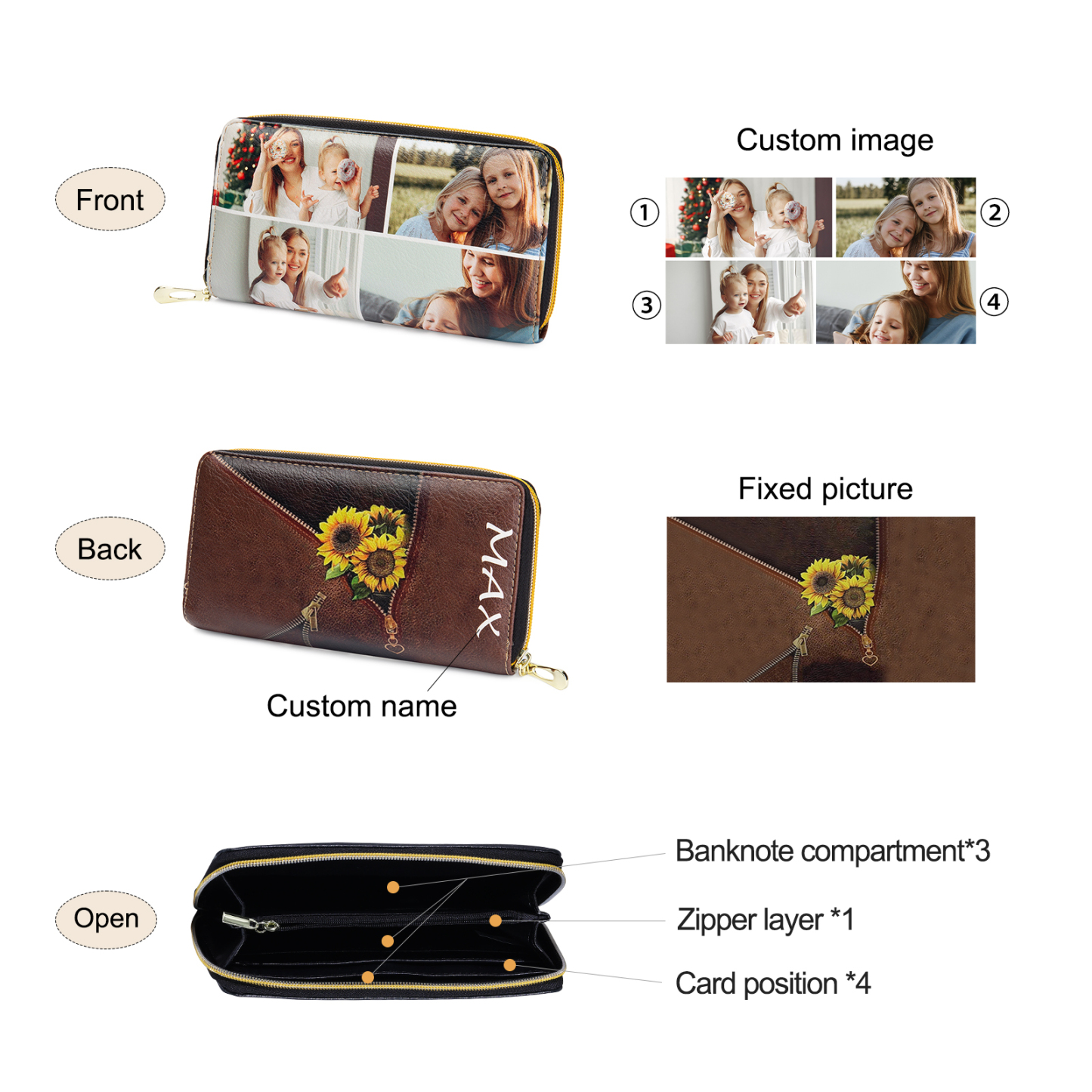 Long Purse Personalised Sunflower Leather Wallet Engraved 1 Photo Zip Wallet Gifts for Her-Jessemade AU