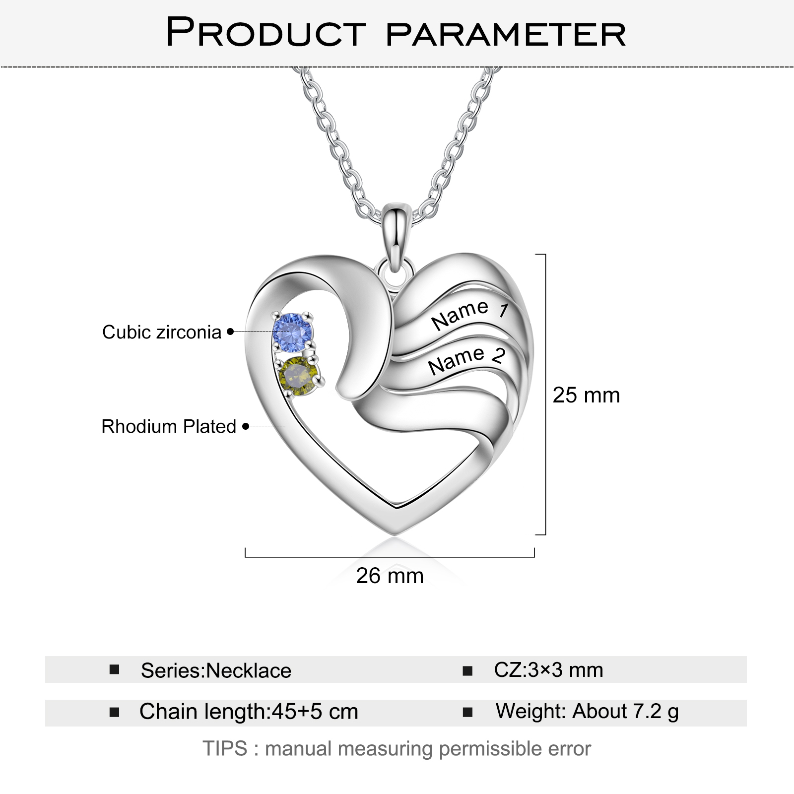 Personalised Heart Necklace With 2 Birthstones Engraved Names Family Necklace Gifts for Her-Jessemade AU