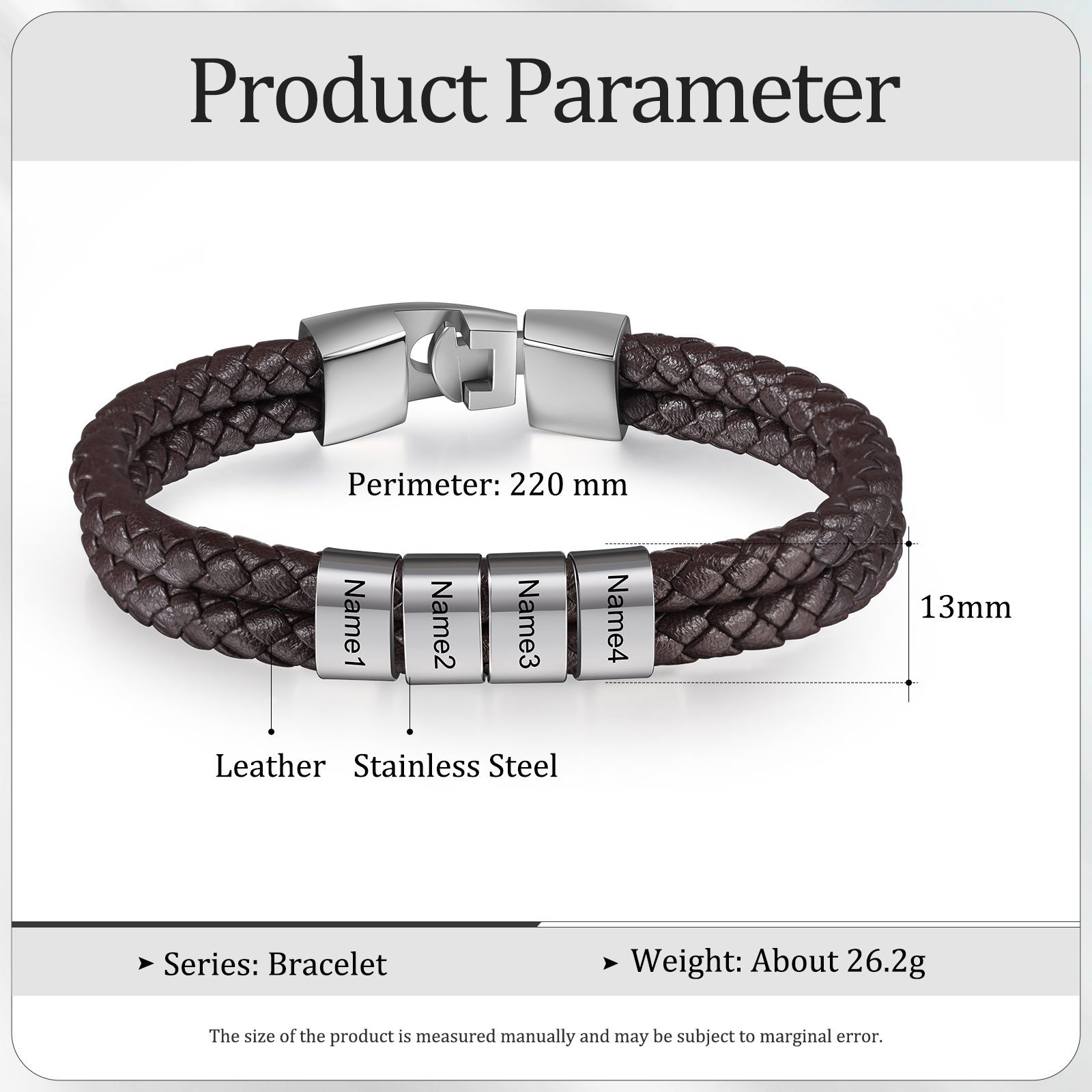Brown Personalised Double Layered Braided Leather Bracelet Engraved 4 Names Mens Bracelet for Him