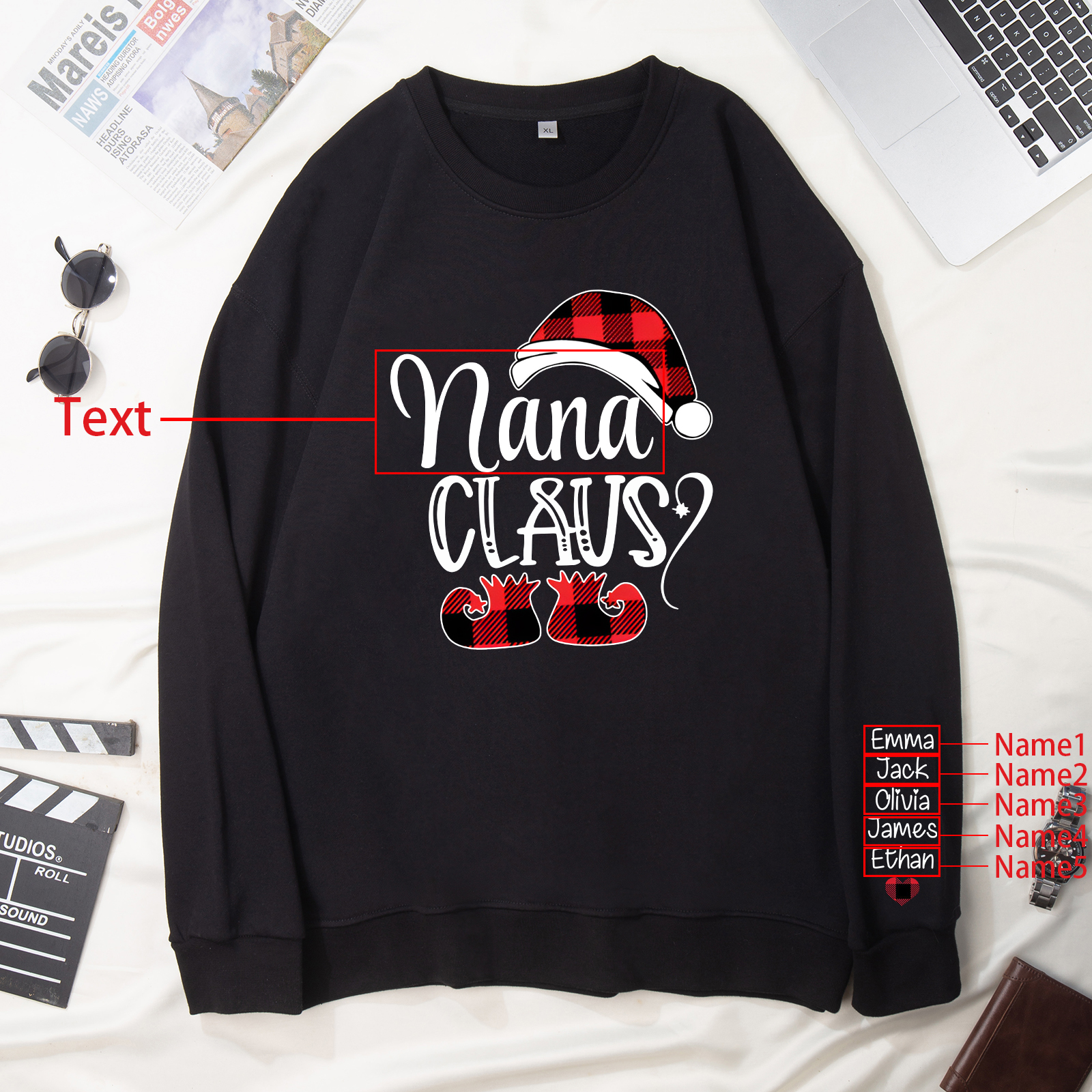 5 Names - Personalised Christmas Sweatshirt Custom Name & Text Sweatshirt Nana Claus Sweatshirt Gift for Family -Jessemade AU