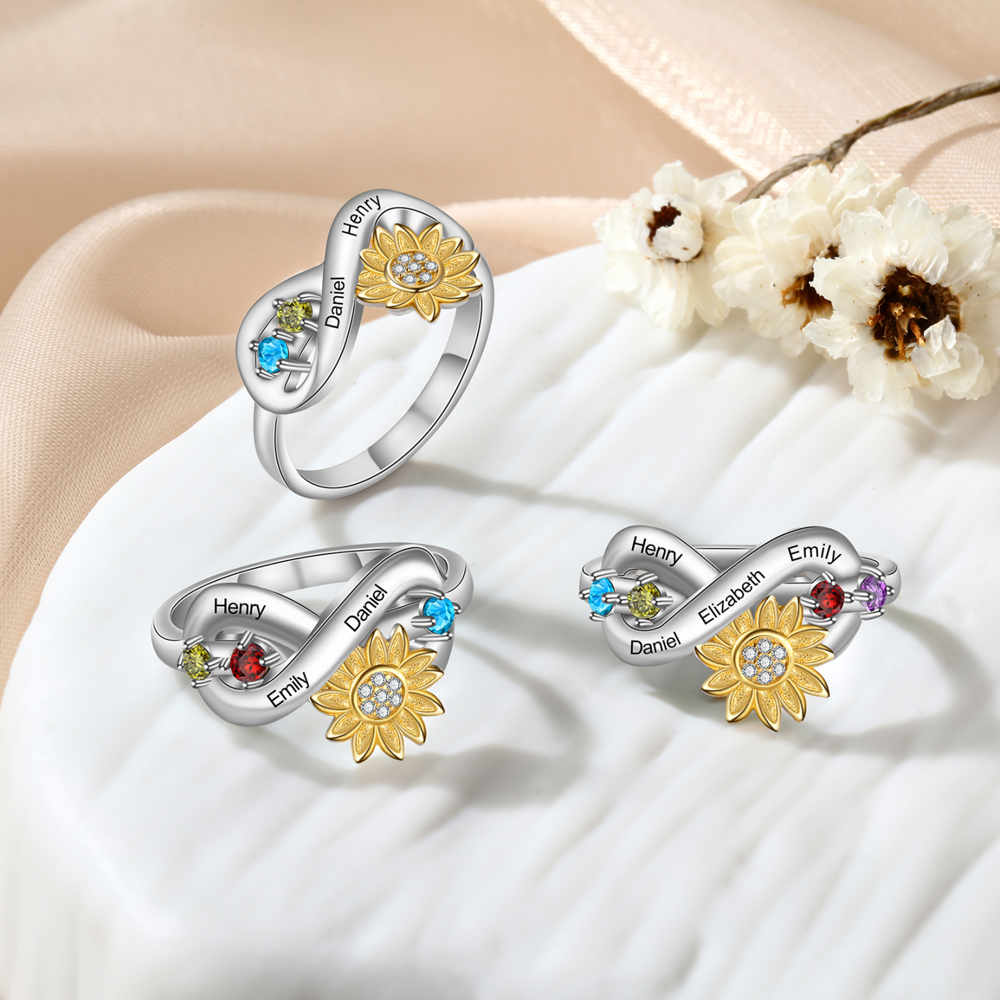Personalised 3 Birthstones Sunflower Ring Engraved Names Infinity Ring Gifts For Her-Jessemade AU