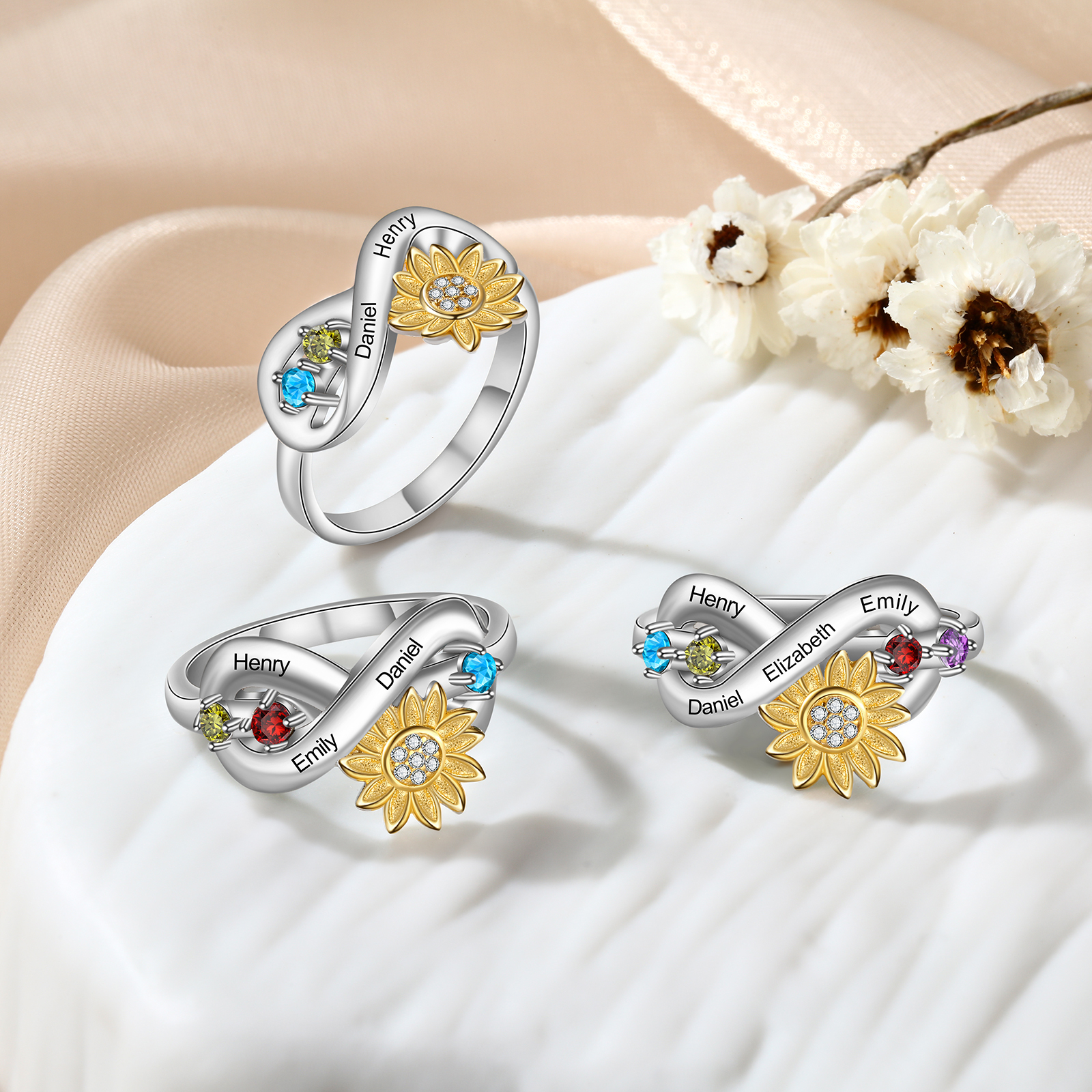 Personalised 3 Birthstones Sunflower Ring Engraved Names Infinity Ring Gifts For Her-Jessemade AU