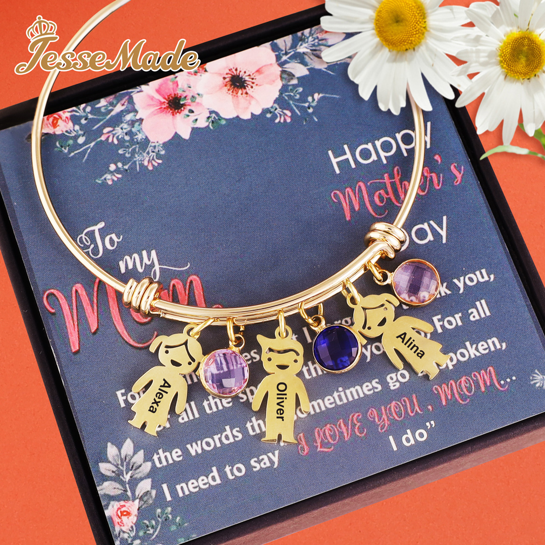 Personalised Kid Charms Bangle Bracelet With Names Customised 4 Birthstones Gift for Her-Jessemade AU