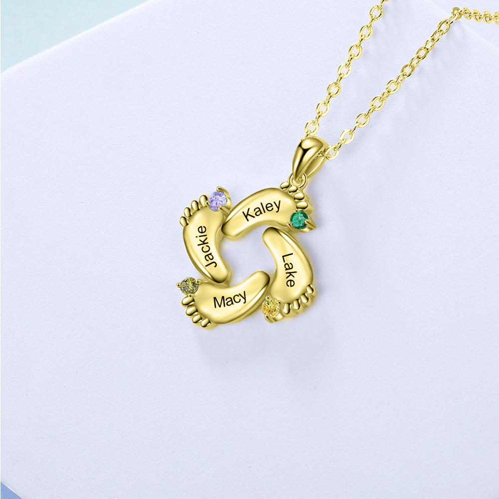 Baby Feet Necklace Custom 4 Birthstones Family Gifts Set for Mum