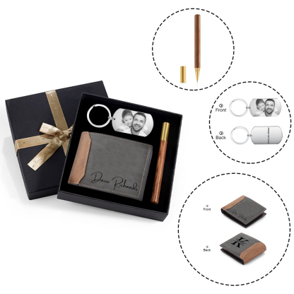Personalised 2 Texts & 1 Photo & 1 Name & 1 Letter Gift Set Custom Wallet & Keychain & Pen Gift Box Set Father’s Day Gift for Him