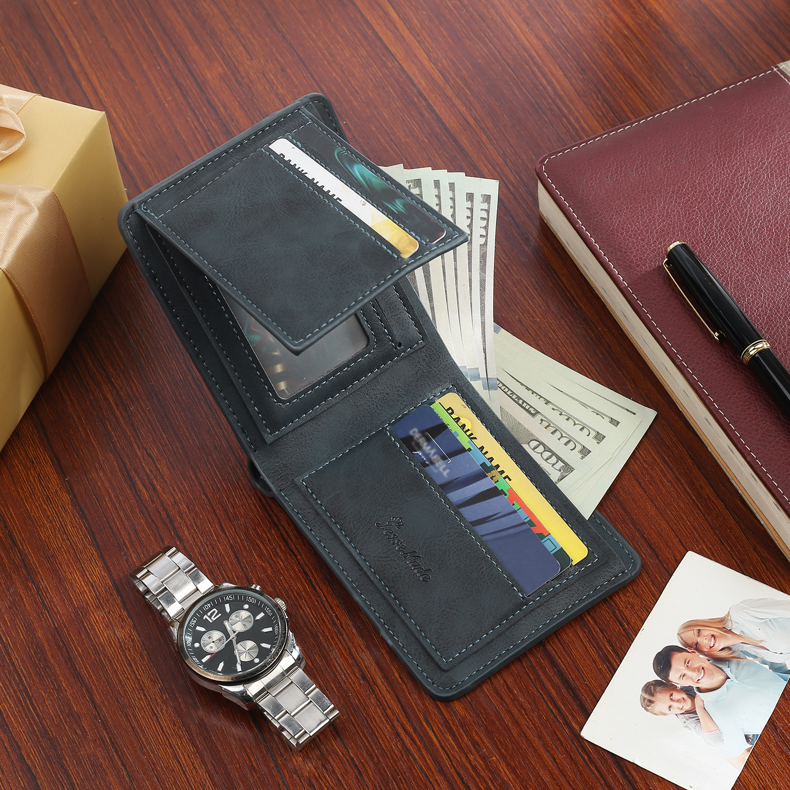 Personalised Monogram Leather Wallet Custom Photo & Name & Letter Wallet Father's Day Gift for Men-Jessemade AU