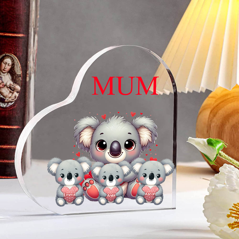Personalised Acrylic Heart Keepsake Custom 1 Text & 3 Names Ornament Koala Family Gifts for Mother/Grandma-Jessemade AU