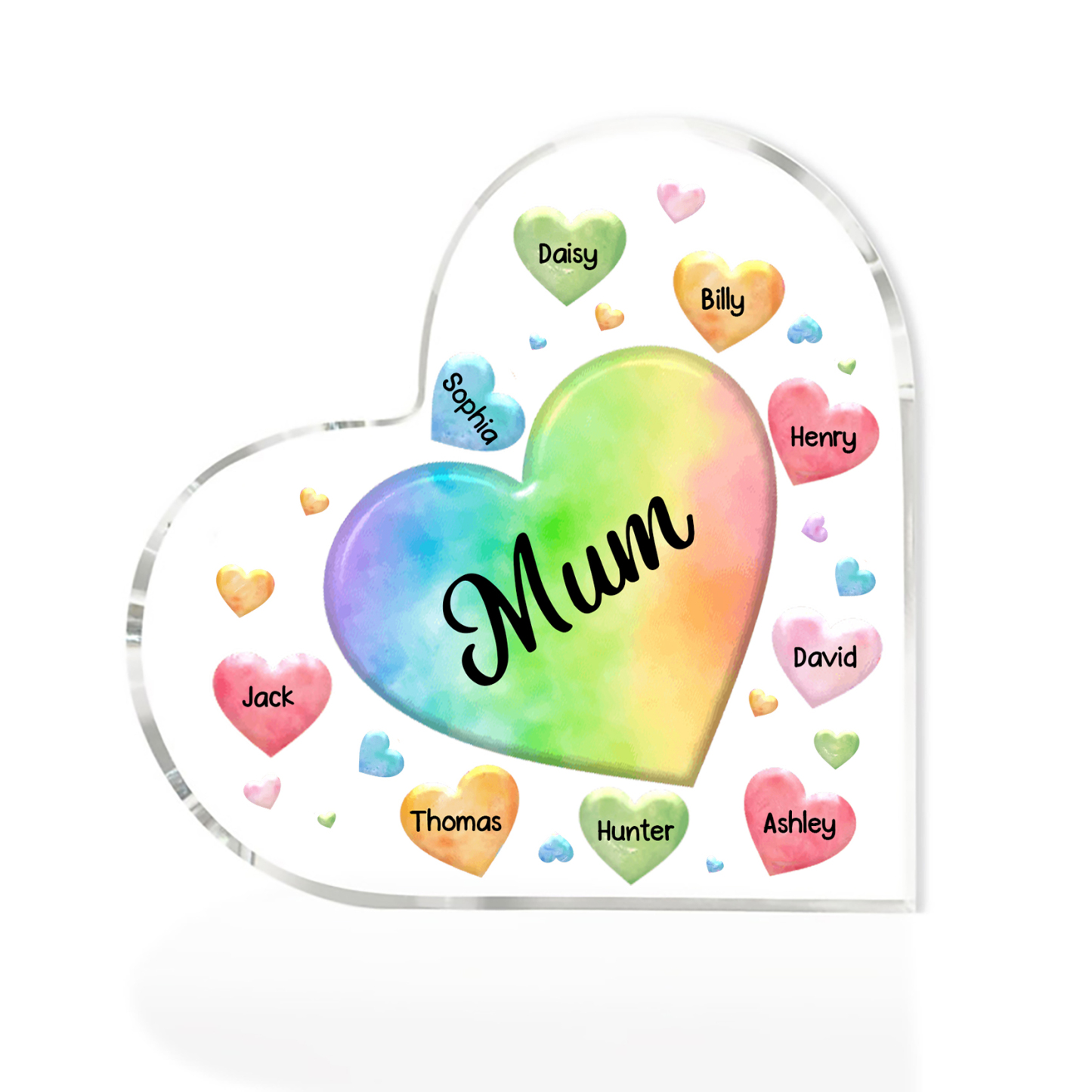 9 Names - Personalised Acrylic Heart Keepsake Custom Text Colourful Hearts Ornament Gift for Mother/Grandma-Jessemade AU