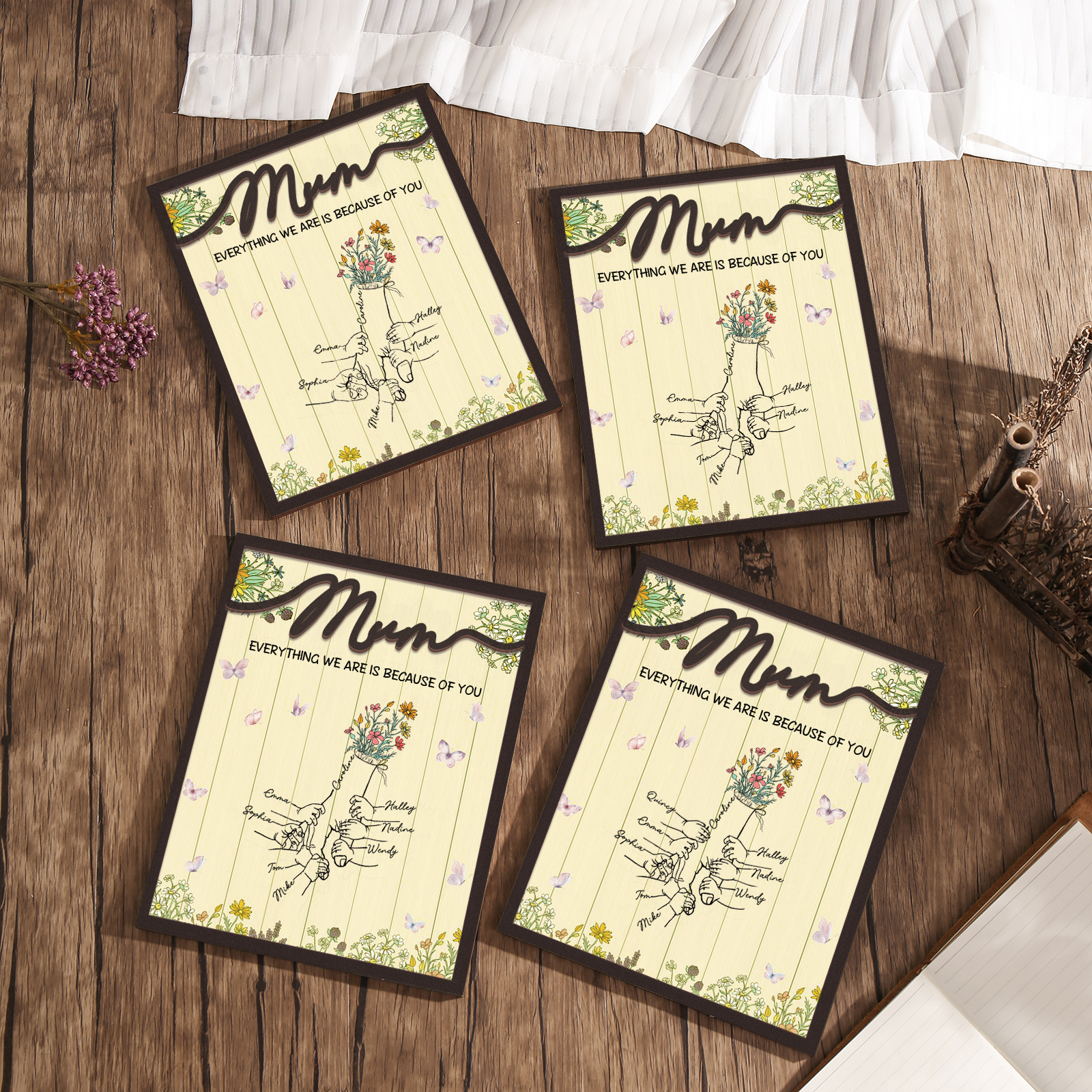 Personalised 5 Names Wooden Plaque Holding Mum's Hand Desktop Decoration With Stand - EVERYTHING WE ARE IS BECAUSE OF YOU-Jessemade AU