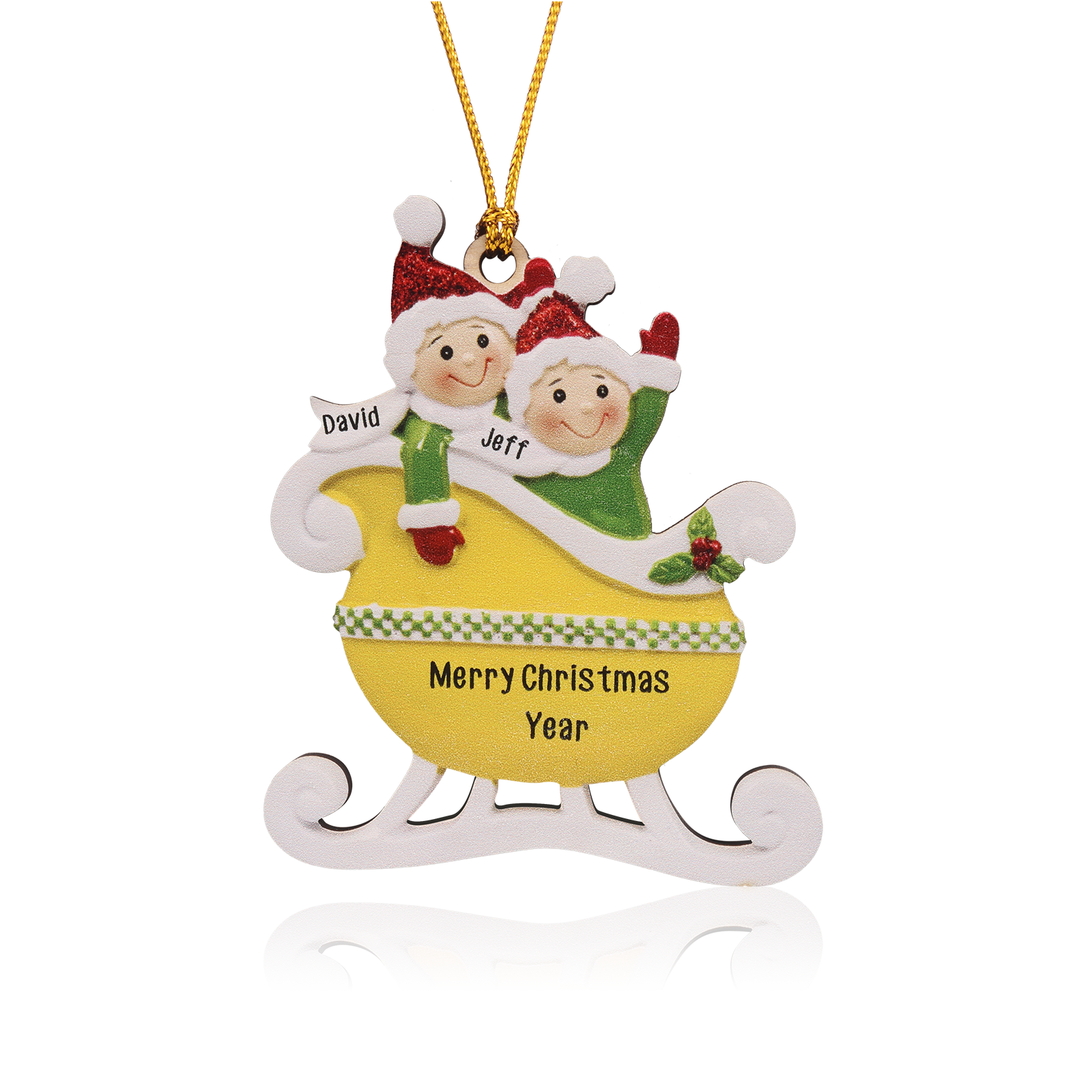2 Names - Personalised Yellow Sleigh Family Christmas Ornament Customised Name & Text Wooden Hanging Ornaments Christmas Gift for Family-Jessemade AU