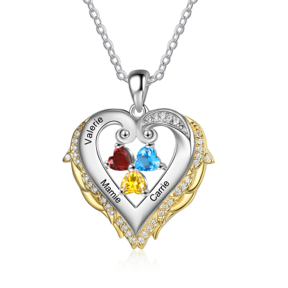 Personalised Heart Wings Necklace With 3 Birthstones Custom Names Gift For Her-Jessemade AU