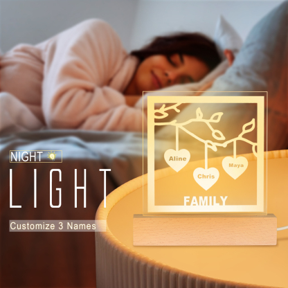 Personalised Family Tree Night Light LED Sign Engraved 3 Names Plaque USB Power Lamp-Jessemade AU