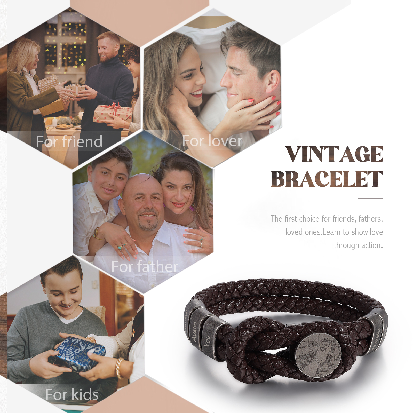Personalised Men's Photo Bracelets Engraved 5 Names Multi Layered Vintage Braided Bracelet for Him-Jessemade AU