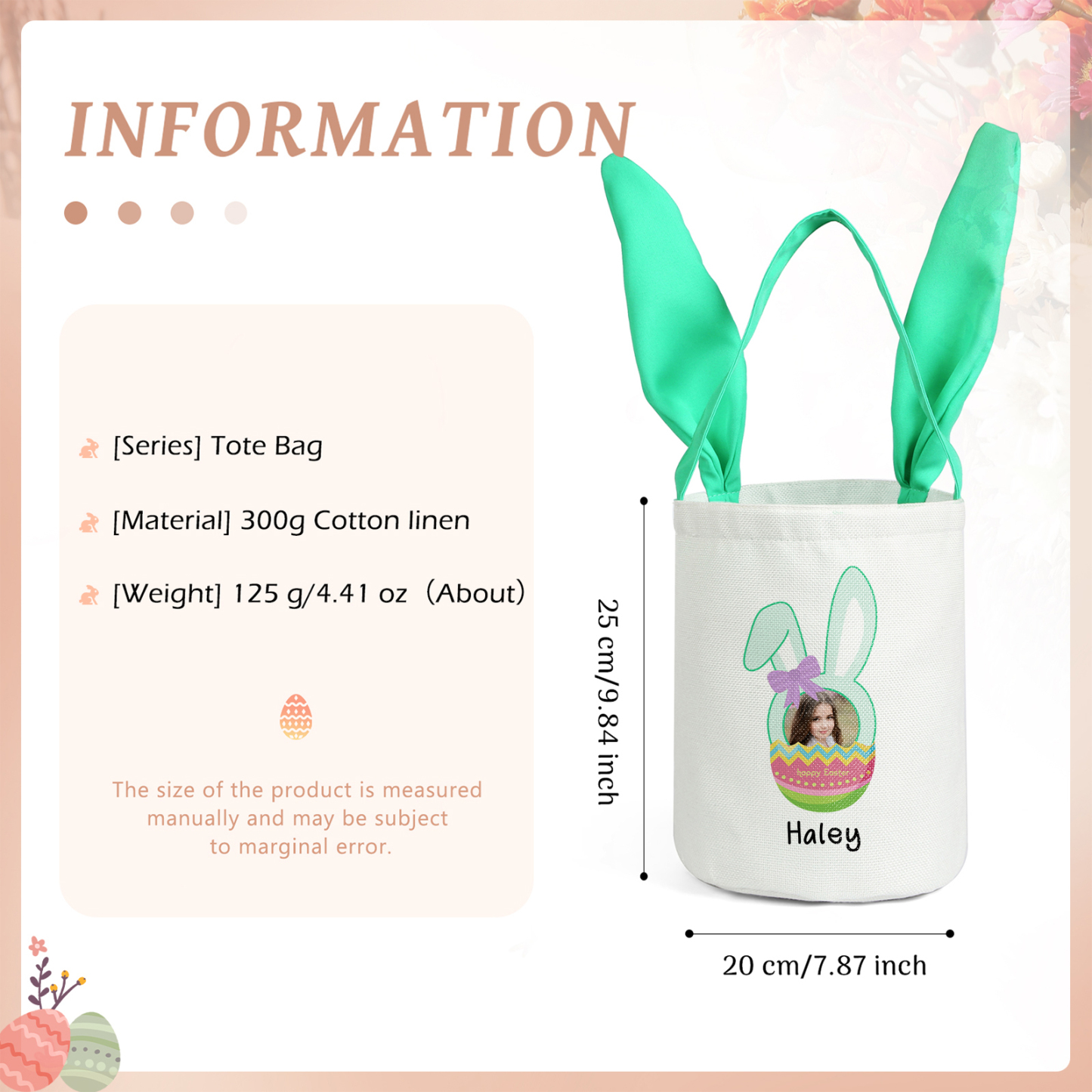 Bunny Tote Bag Personalised Photo Bucket Bag Custom Name & Text Bunny Basket Easter Gifts-Jessemade AU