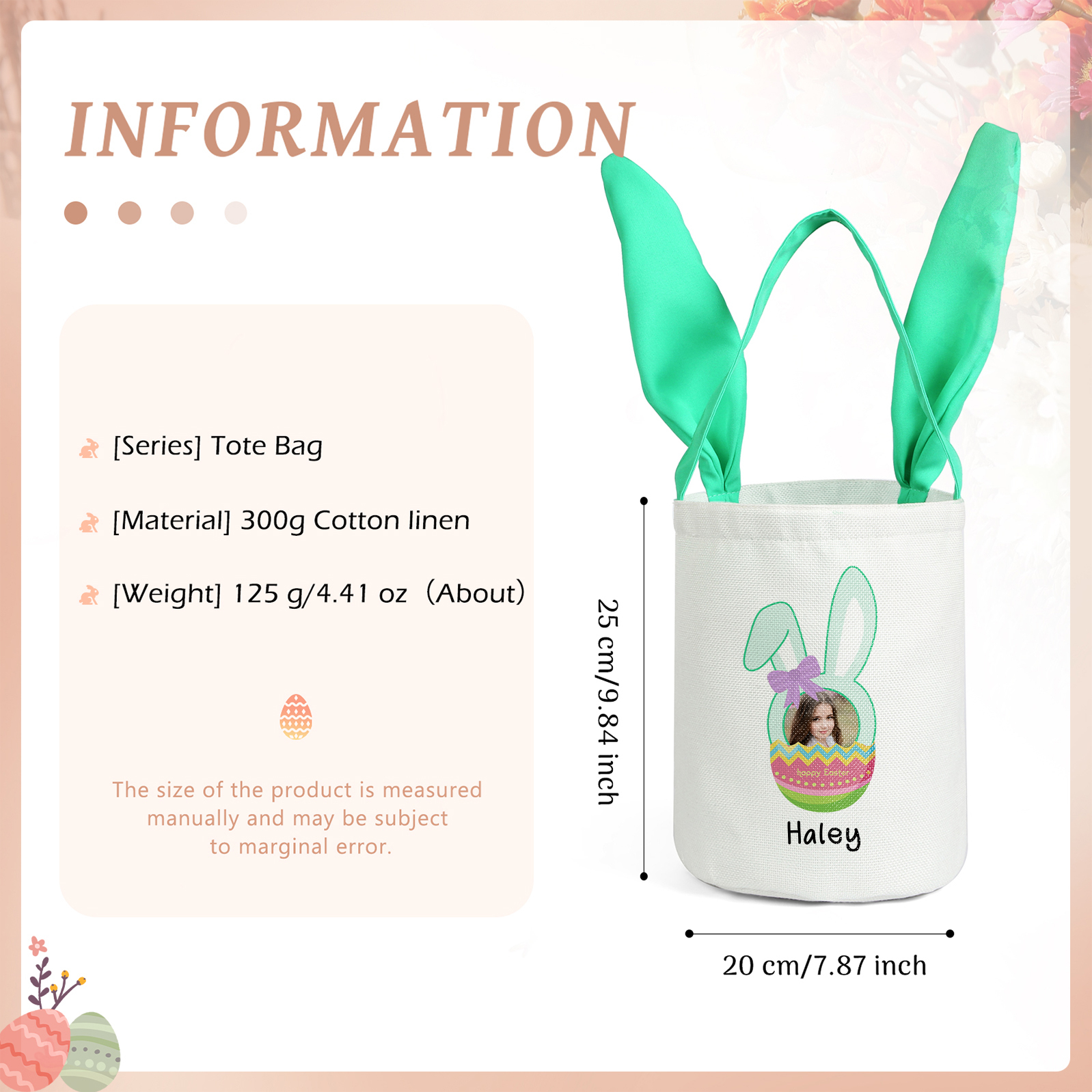 Bunny Tote Bag Personalised Photo Bucket Bag Custom Name & Text Bunny Basket Easter Gifts-Jessemade AU