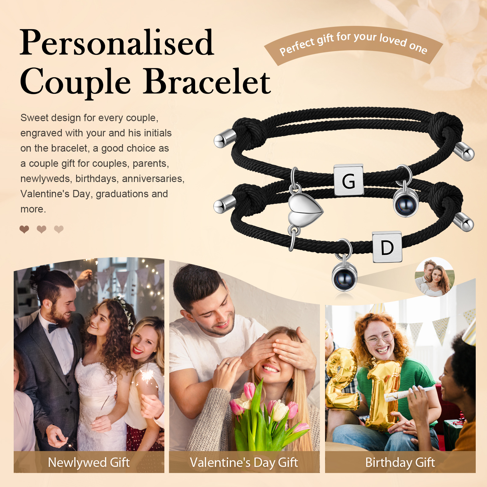 Personalised Photo Projection Bracelet Set Custom 2 Letters Magnetic Bracelet Matching Gifts for Couples-Jessemade AU