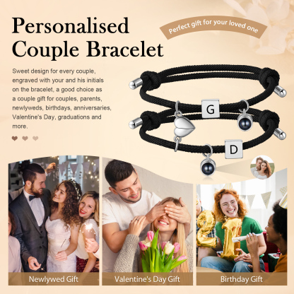 Personalised Photo Projection Bracelet Set Custom 2 Letters Magnetic Bracelet Matching Gifts for Couples-Jessemade AU