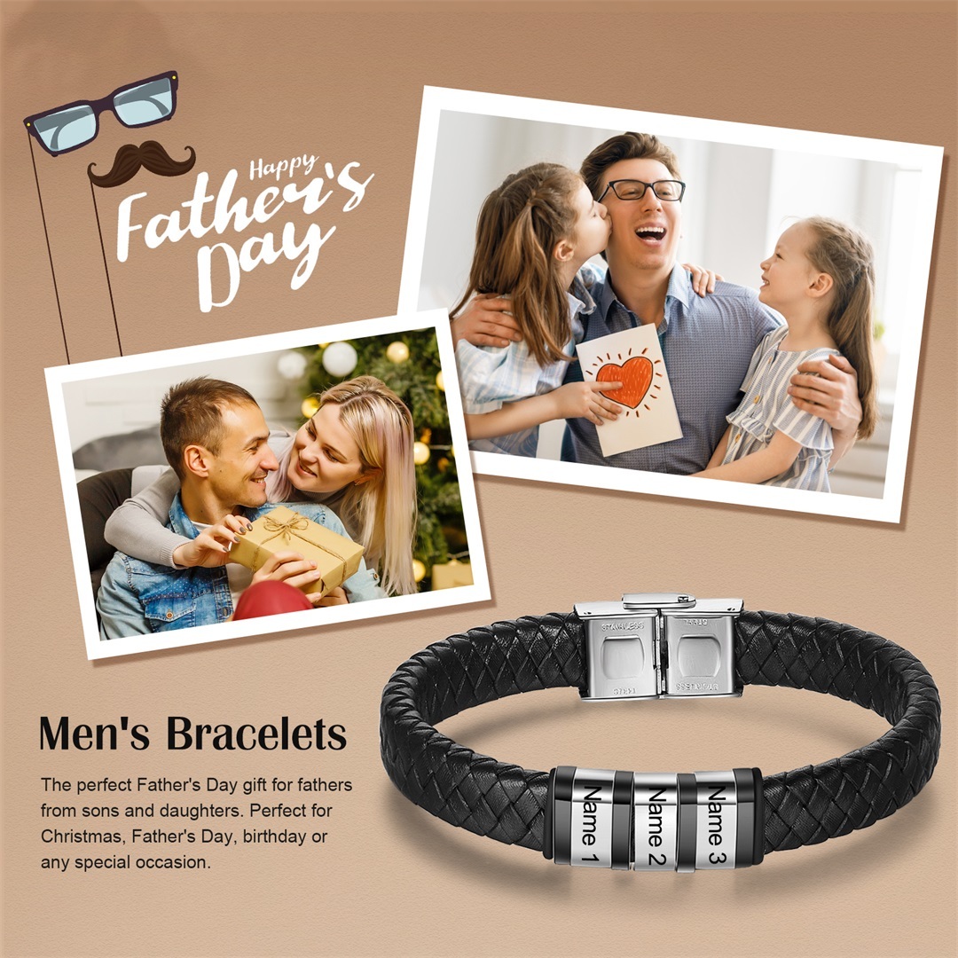 Men Leather Braided Bracelet Personalised with 3 Names Black-Jessemade AU