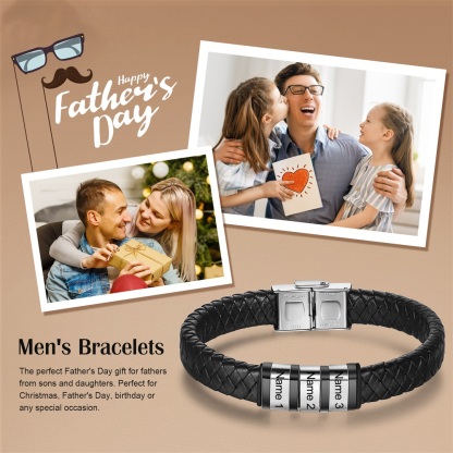 Men Leather Braided Bracelet Personalised with 3 Names Black-Jessemade AU