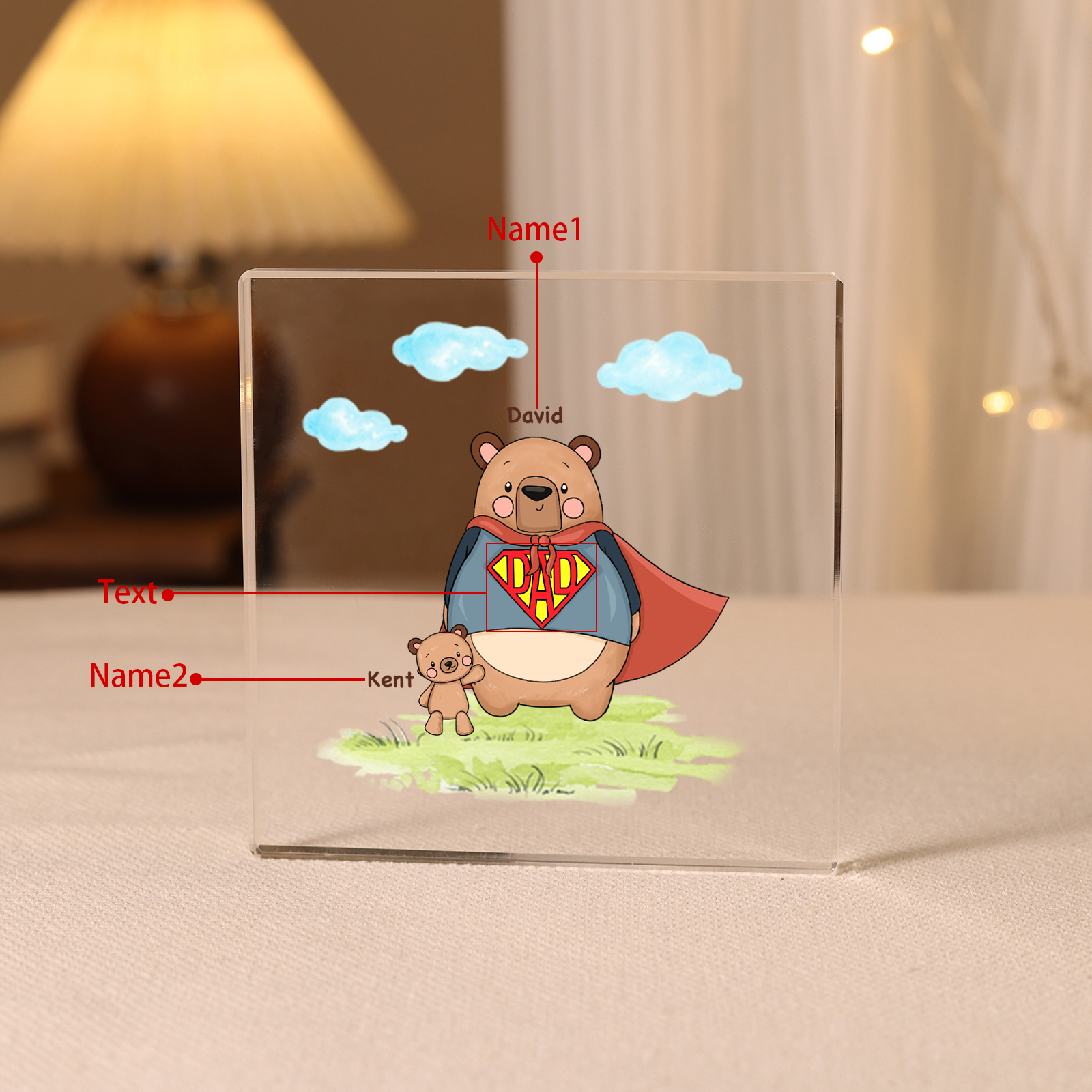 Personalised 2 Names & 1 Text Acrylic Square Keepsake Super Bear Family Rectangle Plaque Gifts for Father/Grandpa-Jessemade AU
