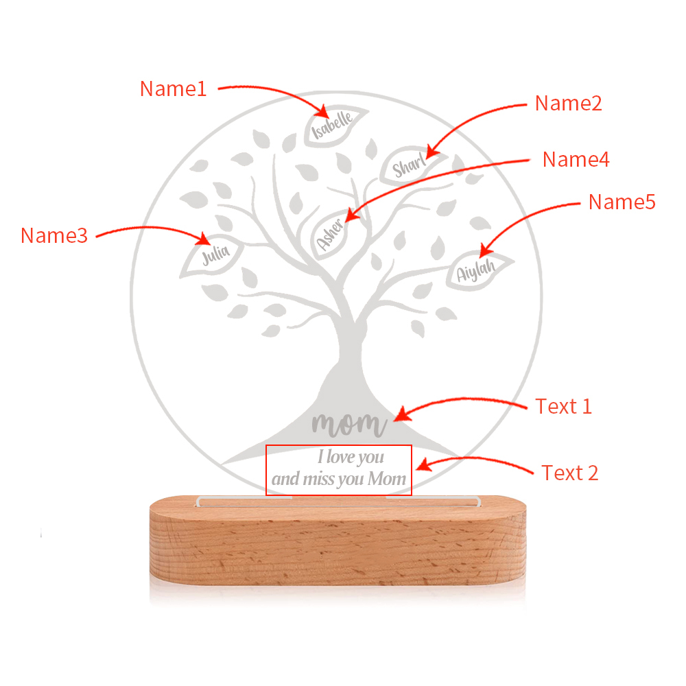 Personalised Family Tree Night Light Engraved 5 Names Wooden LED Lamp-Jessemade AU