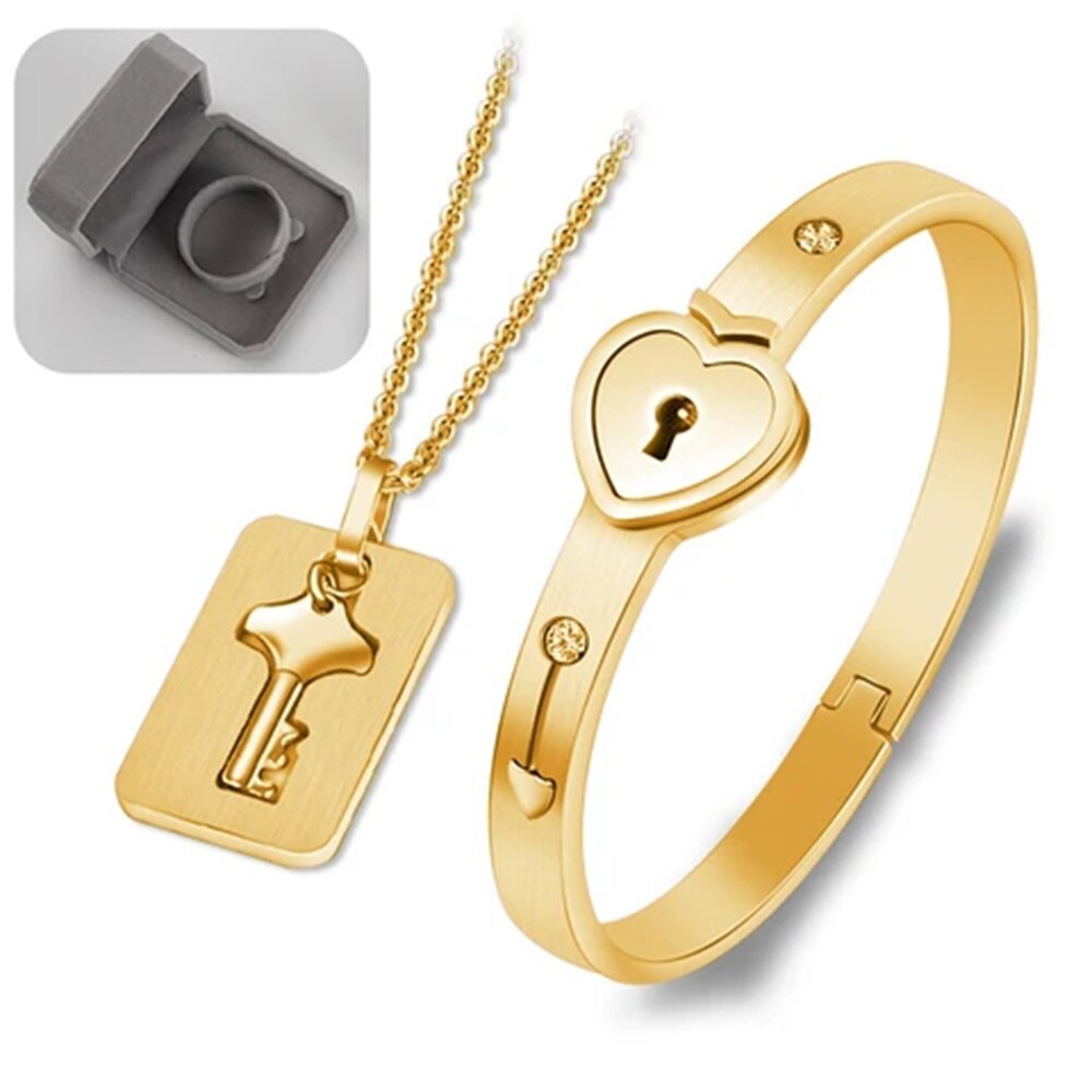 Key to My Heart Couple Key Necklace and Love Lock Bracelet Set-Jessemade AU