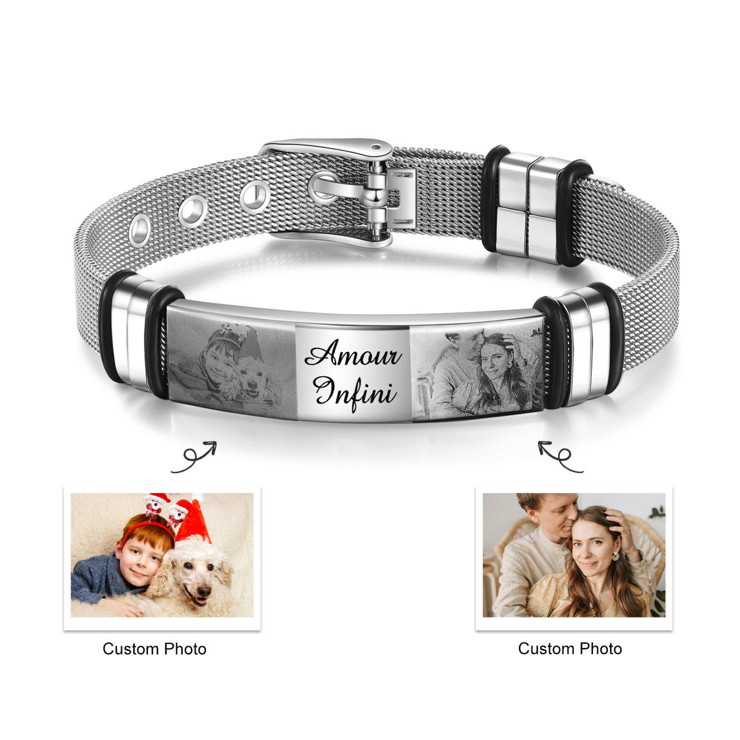Personalised ID Bar Bracelet Engraved 2 Photos Men Women Bracelet-Jessemade AU