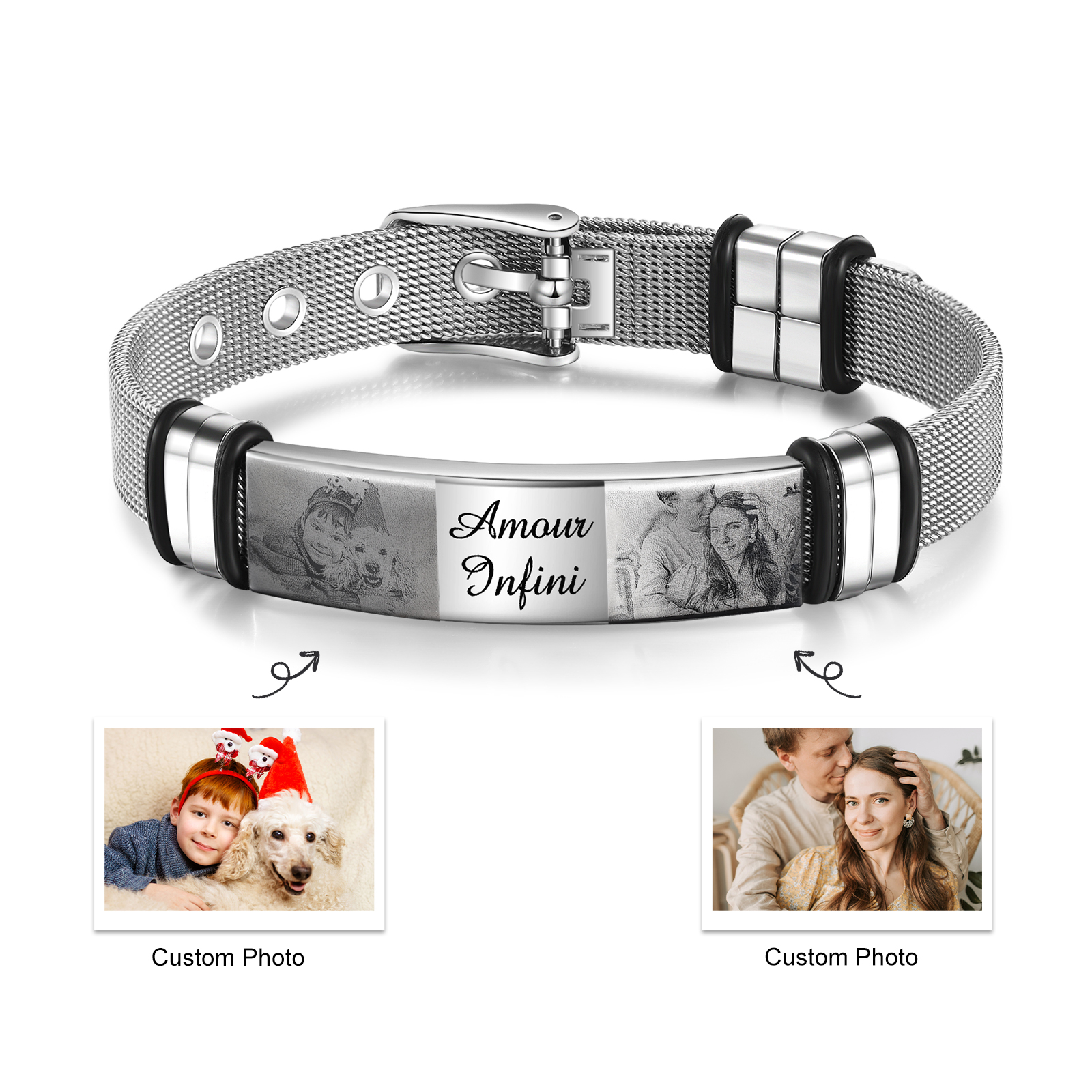 Personalised ID Bar Bracelet Engraved 2 Photos Men Women Bracelet-Jessemade AU