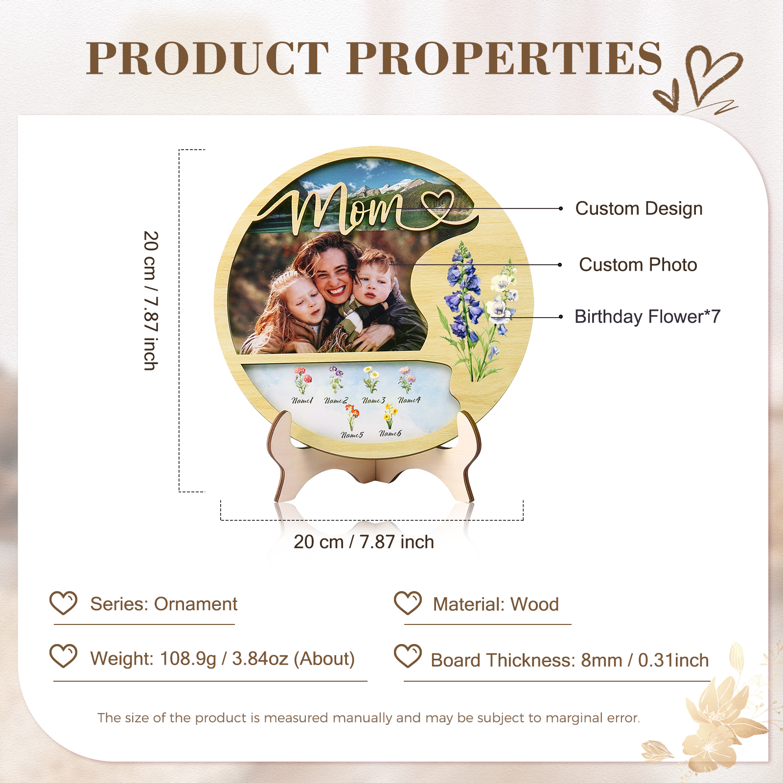 Personalised Photo & Text Wooden Plaque Custom 7 Birth Flowers & 6 Names Wooden Sign With Stand Gifts for Mum/Nana-Jessemade AU