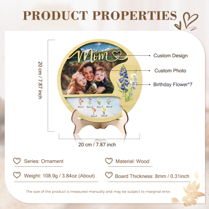 Personalised Photo & Text Wooden Plaque Custom 7 Birth Flowers & 6 Names Wooden Sign With Stand Gifts for Mum/Nana-Jessemade AU