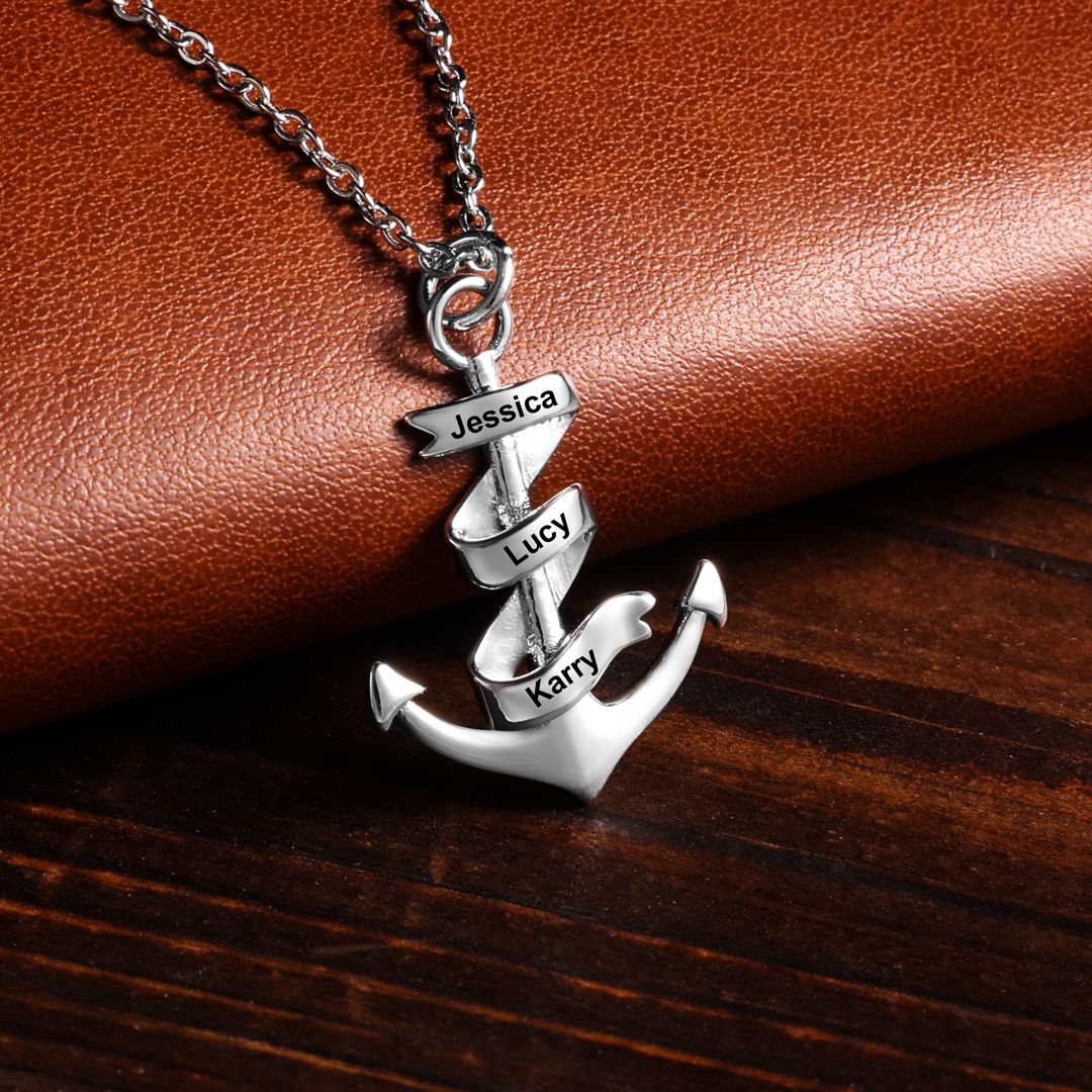 Personalised Pirate Ship Anchor Necklace Engrave 3 Names Necklace For Dad-Jessemade AU