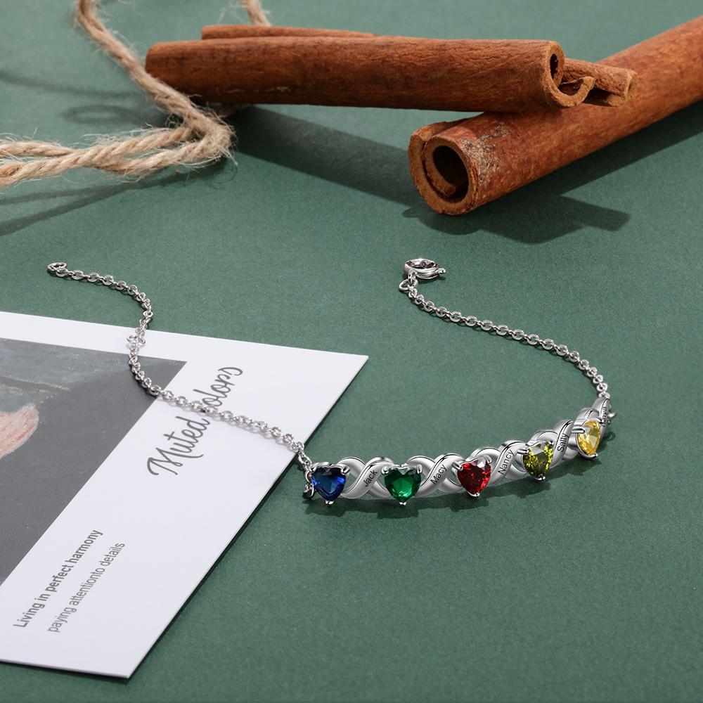 Family Custom Bracelet Heart Personalised with 7 Birthstones Gift Box Set-Jessemade AU
