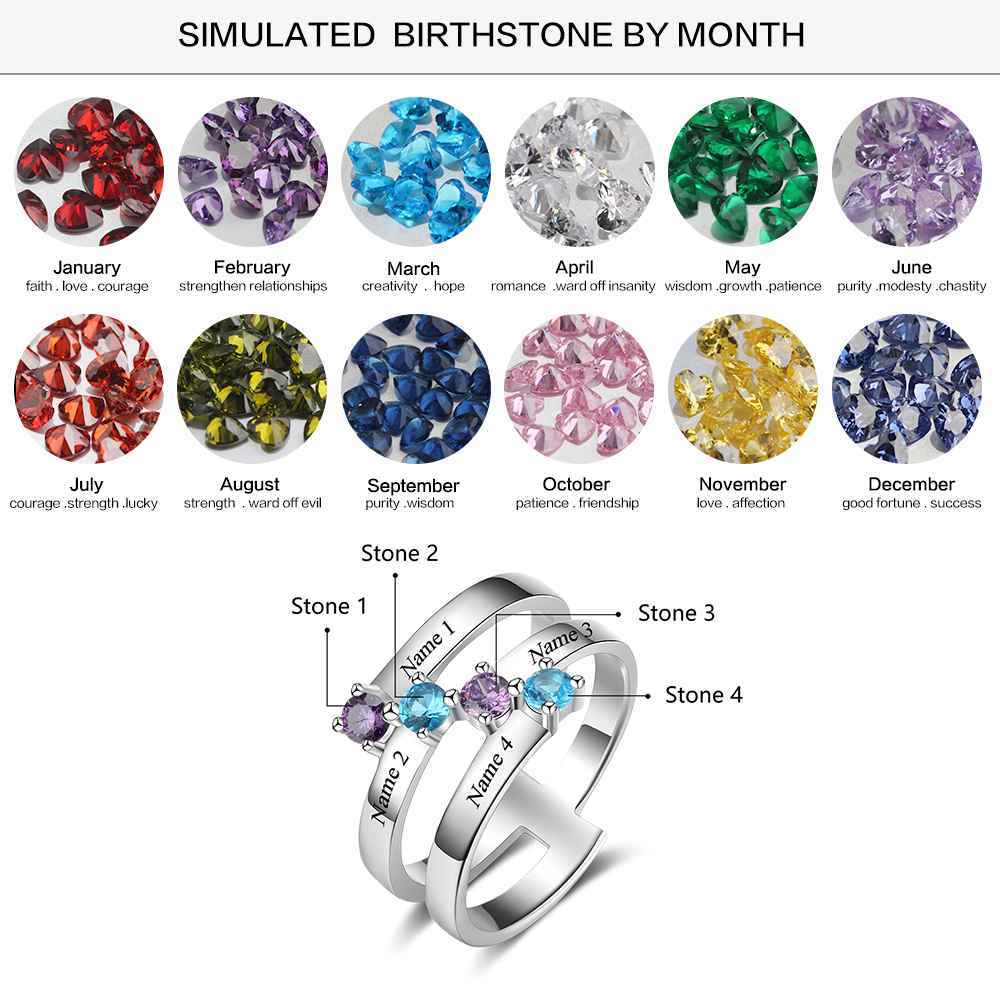 S925 Silver Ring Personalised 4 Birthstones Mothers Ring With Names Gifts For Her-Jessemade AU
