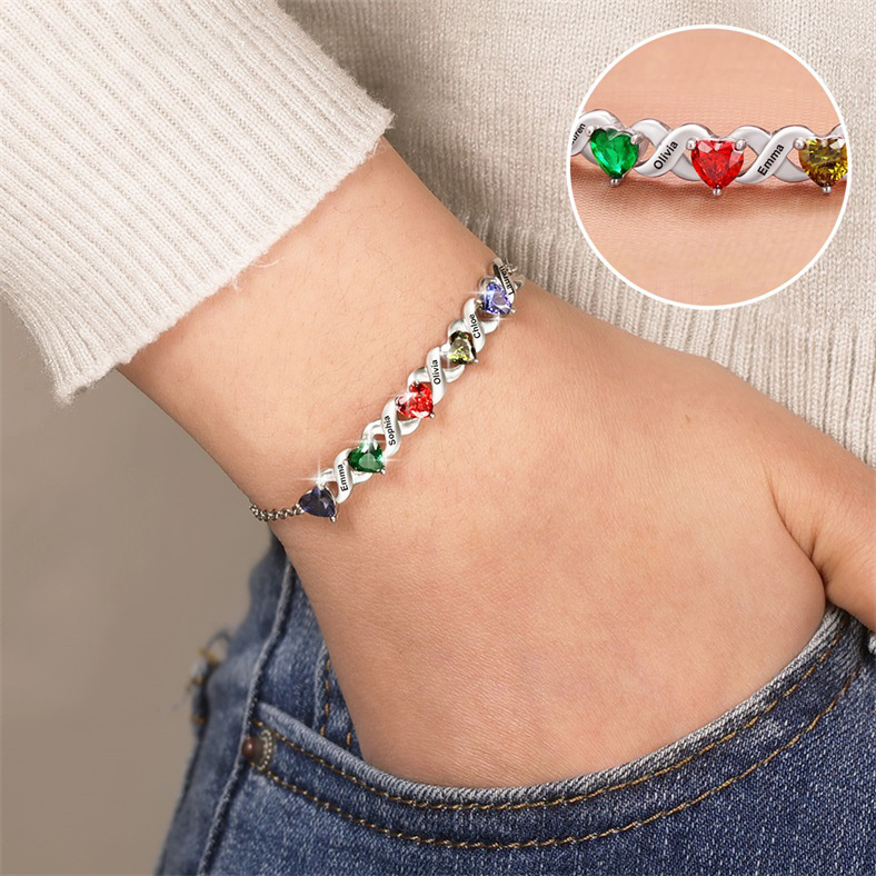 Personalised Bracelet With 2 Heart Birthstones Engraved Names Bracelet Gift For Women-Jessemade AU