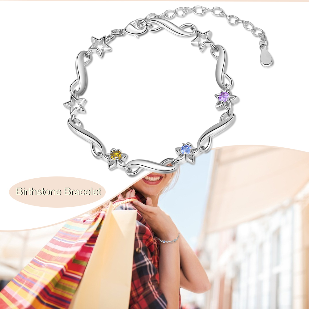 Personalised Star Bracelet With 3 Birthstones Engraved Names Bracelet Gift For Women-Jessemade AU