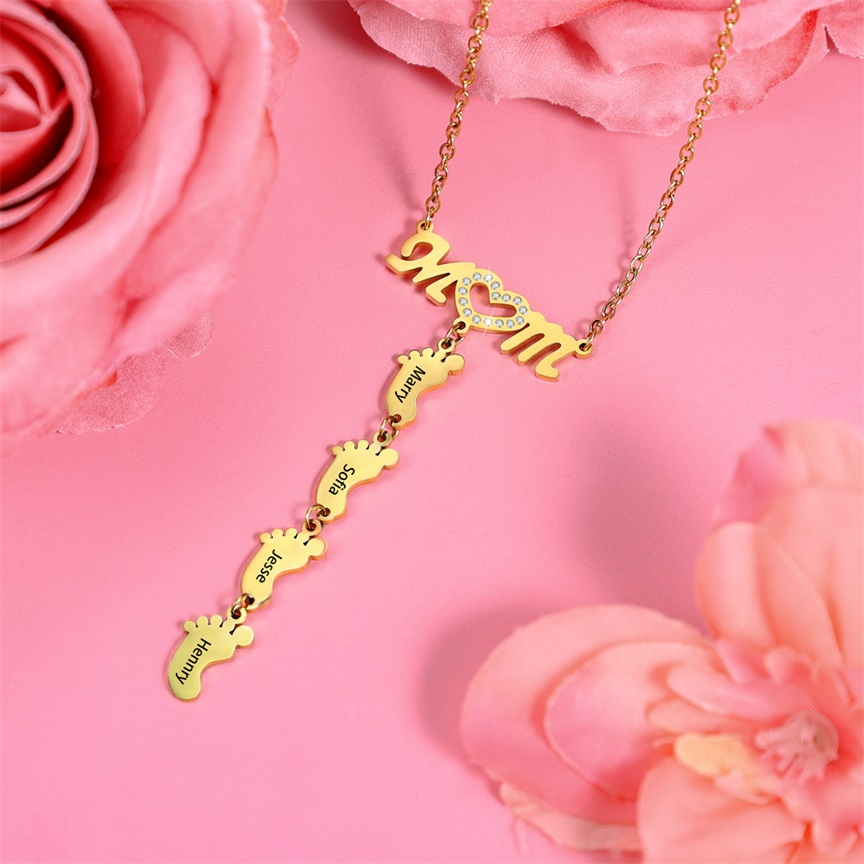 Mother Necklace with 4 Baby Feet Pendants Engraved 4 Names Rose Gift Set