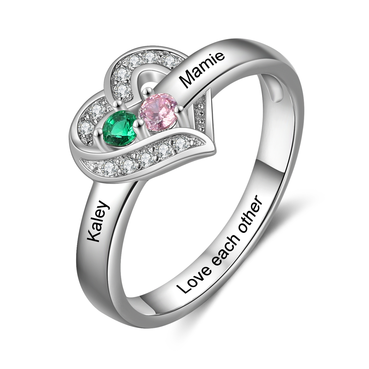 Personalised Heart Ring With 2 Birthstones Engraved Names Ring Gift For Women-Jessemade AU