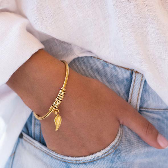 Women Bangle Bracelet with Leaf and Beads Engraved 1 Name Rose Gifts for Mother