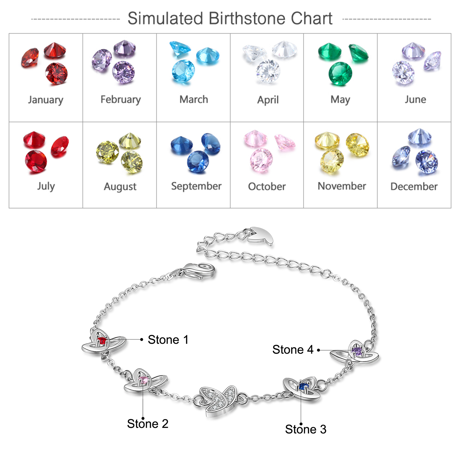 Personalised Butterfly Bracelet with 4 Birthstones Engraved Names Best Gift For Her-Jessemade AU