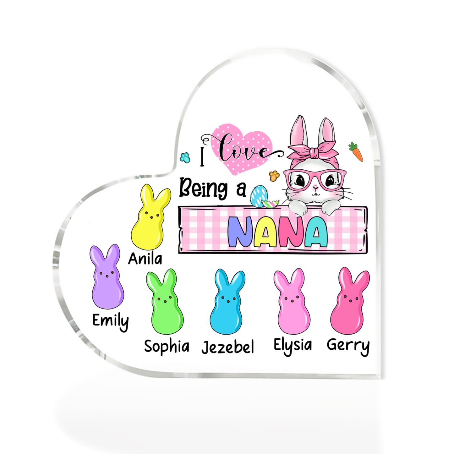 7 Names - Personalised Acrylic Heart Keepsake Custom Names Bunny Ornaments Gifts for Grandma/Mother-Jessemade AU