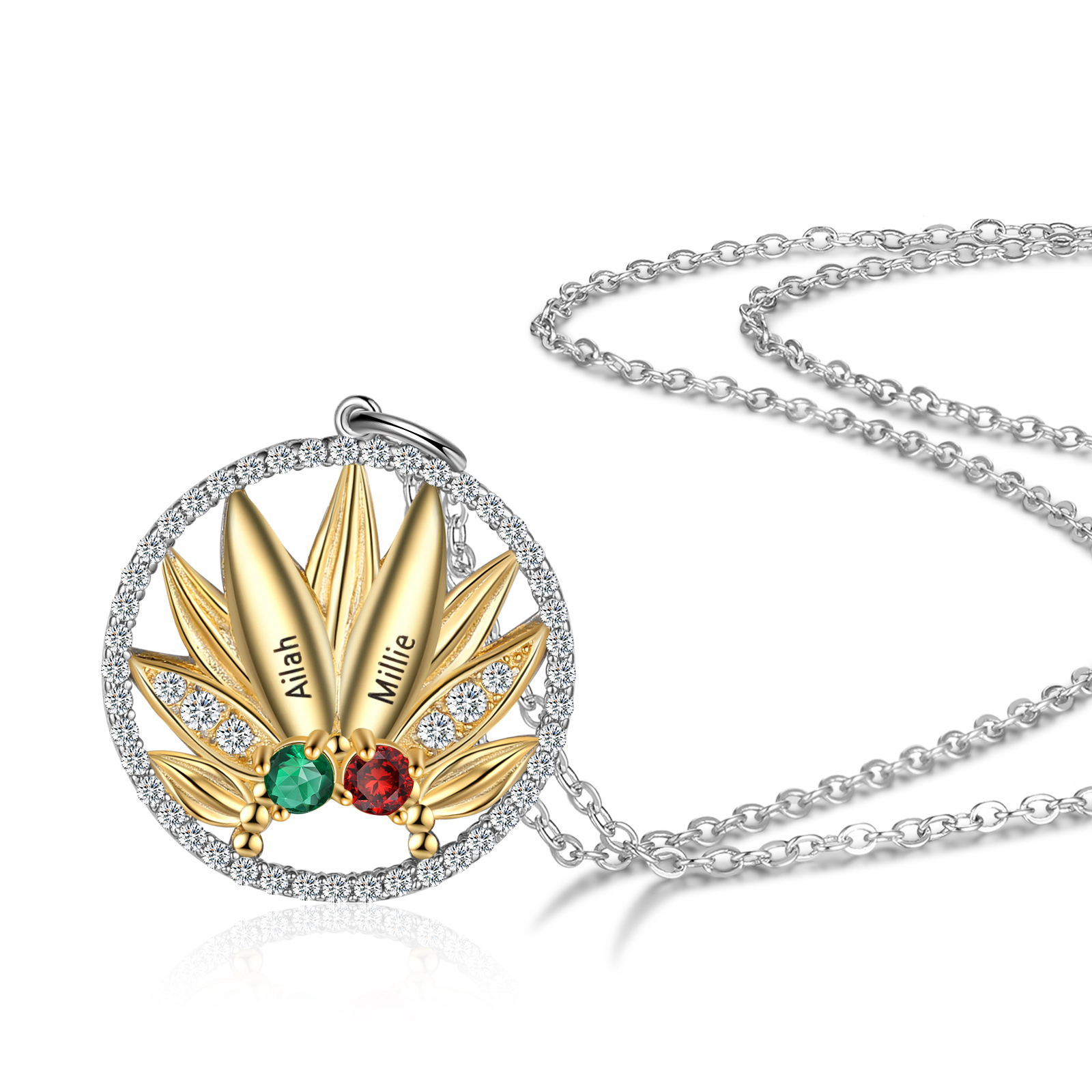 Personalised Sunflower Necklace With 2 Birthstones Engraved Names Necklace Gift For Women-Jessemade AU