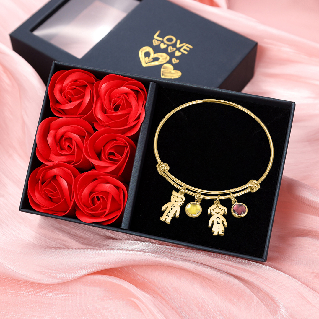 Bangle Bracelet with Kids Charms 2 Birthstone Engraved 2 Names Rose Box Set-Jessemade AU
